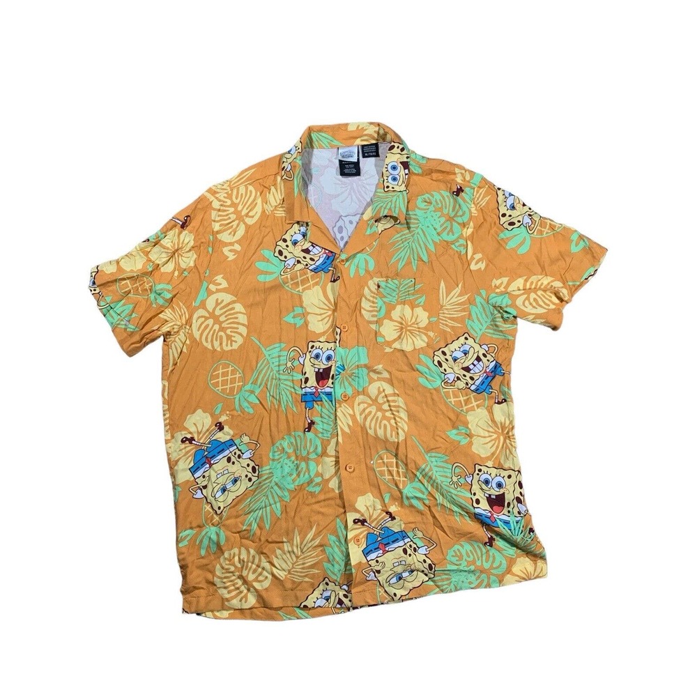 Spongebob Squarepants Shirt Mens XL Orange Floral Pineapple Hawaiian Nickelodeon